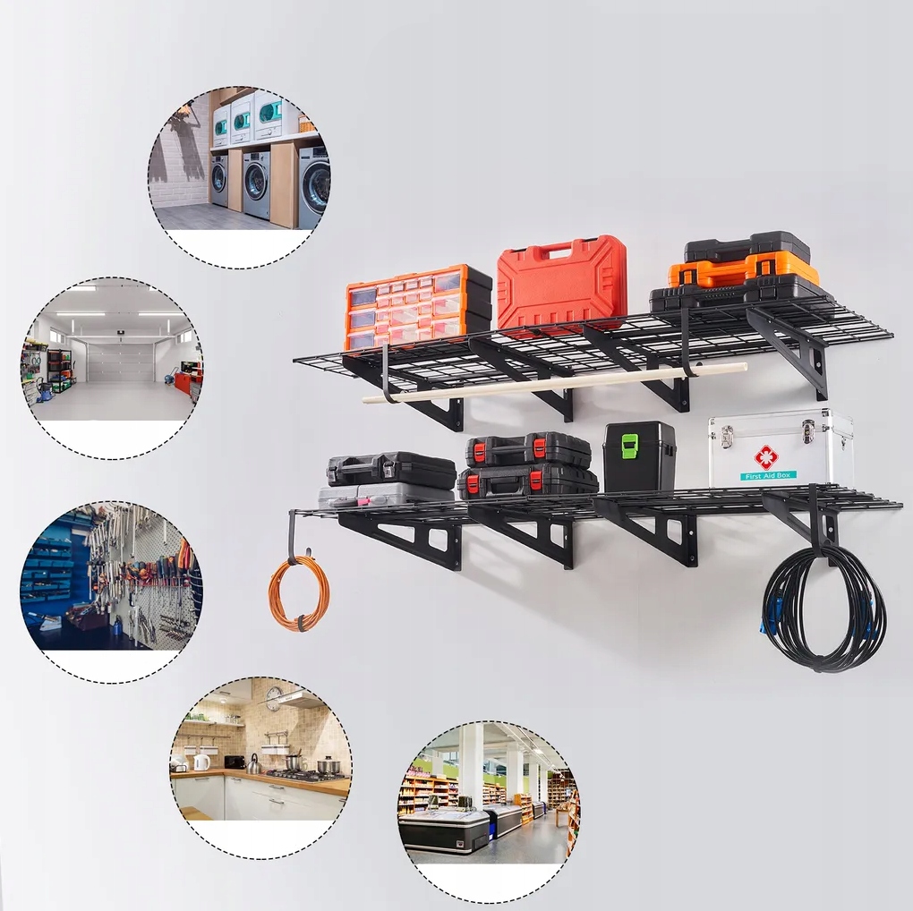 2 szt. Półki Ścienne Wiszące Garażowe Stalowe Wieszaki Organizer 2 x 90 cm - obrazek 3